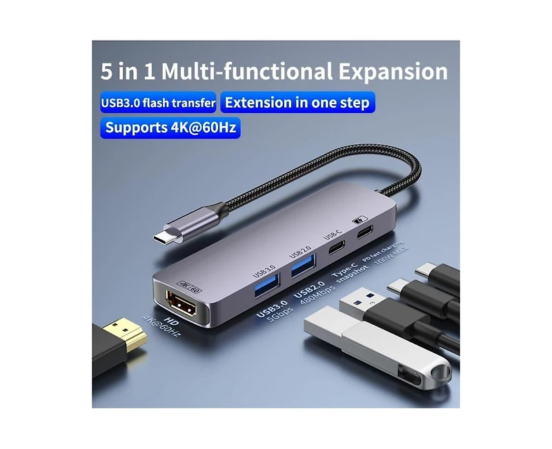 Risokeys 5-in-1 Usb-c Hub,100W Pd Charging & 5Gbps Usb 3.0 Transfer | Ideal for Home Office, Travel, Gaming
