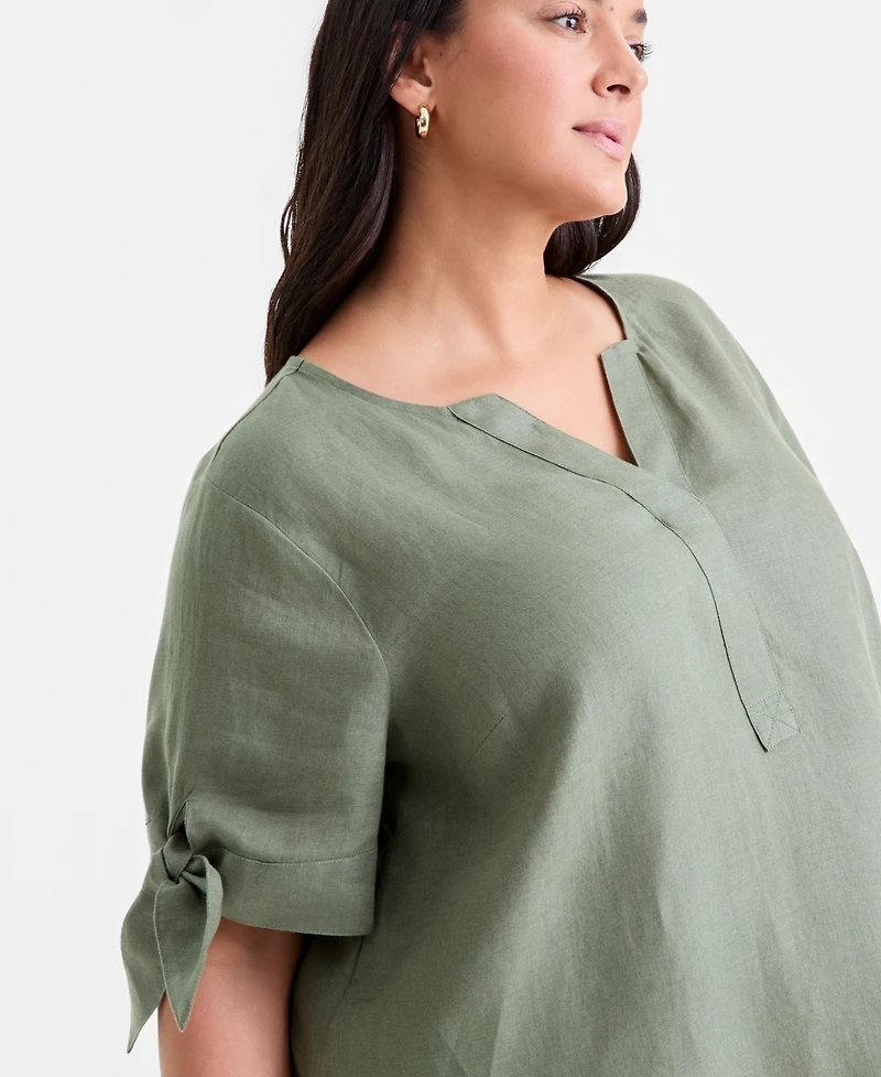 Charter Club Plus Linen Solid Split-Neck Tie-Cuff Top, Exclusively at Macy's