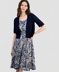 Robbie Bee Women's Printed Dress & Pointelle Shrug Set