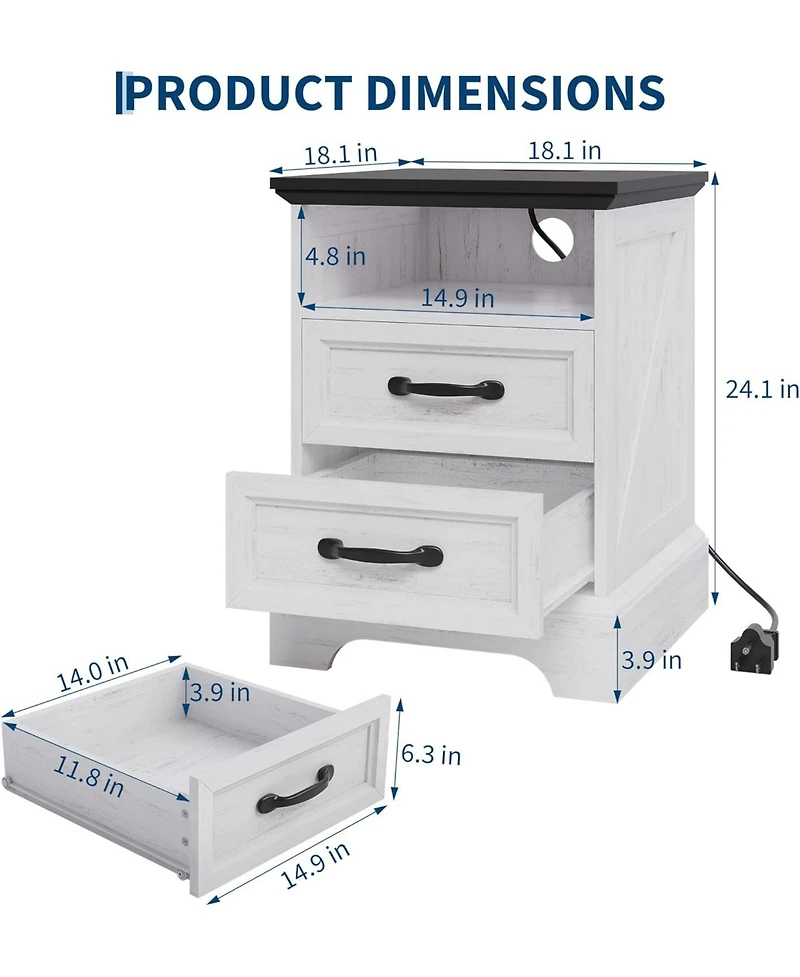gaomon Farmhouse Nightstand with Charging Station, Large Rustic Bedside Table with 2 Drawers & Open Shelf, Usb Ports & Ac Outlets for Bedroom