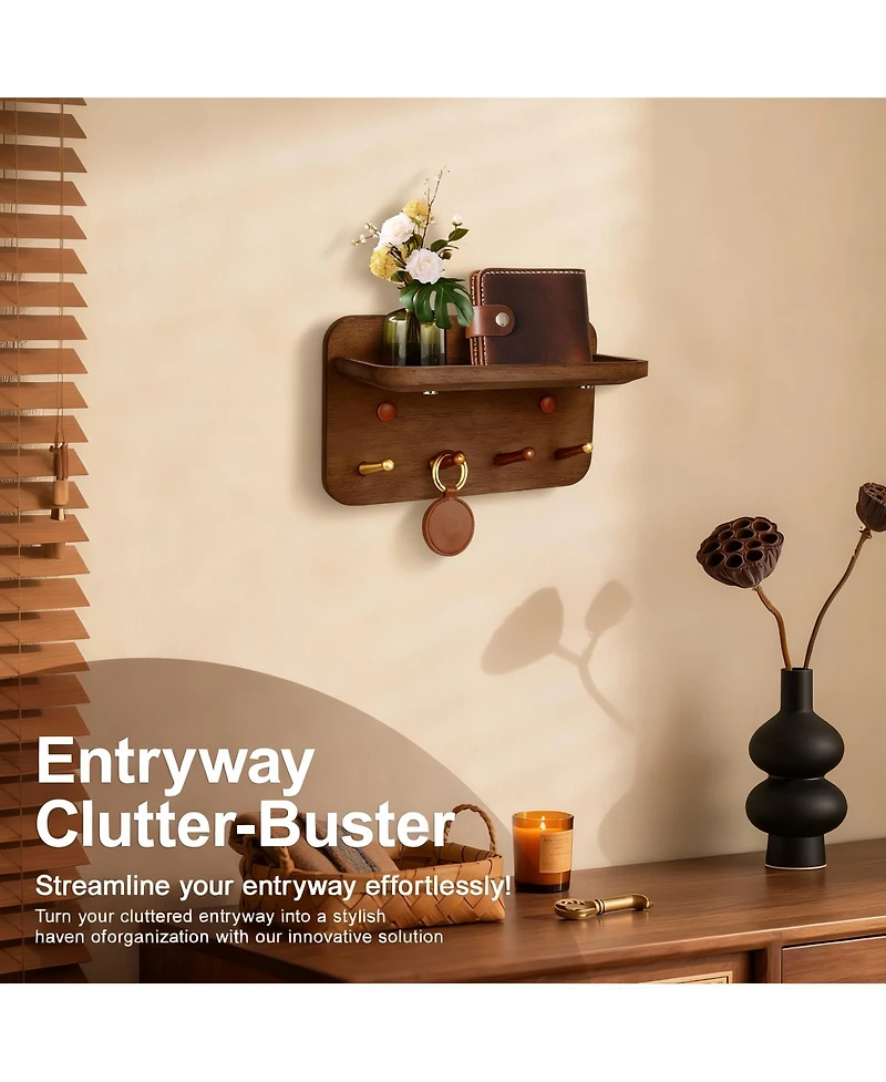 Yigii Solid Wood Key Holder with 4 Brass Hooks, Anti-Slip Groove, and 15° Incline