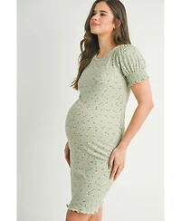 Hello Miz Maternity Floral Ribbed Mini Dress with Short Puff Sleeves