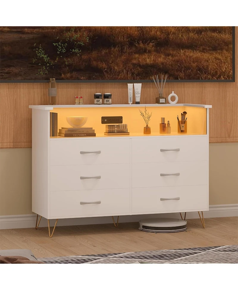 gaomon 6 Drawer Dresser with Led Lights and Charging Station,Modern Wood Tv Stand Storage Chest for Bedroom Living Room Entryway Hallway