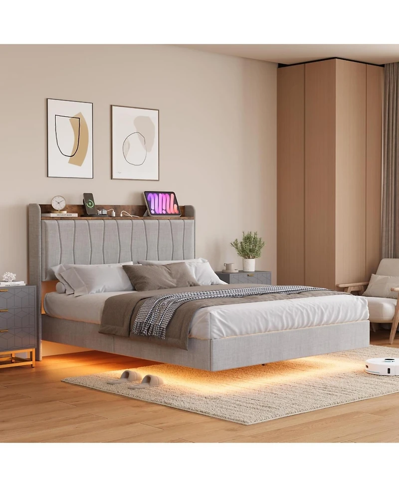 gaomon Floating Bed Frame with Led Lights & Usb Charging Station – Modern Upholstered Platform Headboard, Solid Wood Slats Support