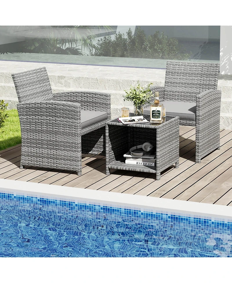Costway 3 Pcs Patio Furniture Set with Tempered Glass Coffee Table & Soft Seat Cushions
