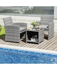 Costway 3 Pcs Patio Furniture Set with Tempered Glass Coffee Table & Soft Seat Cushions