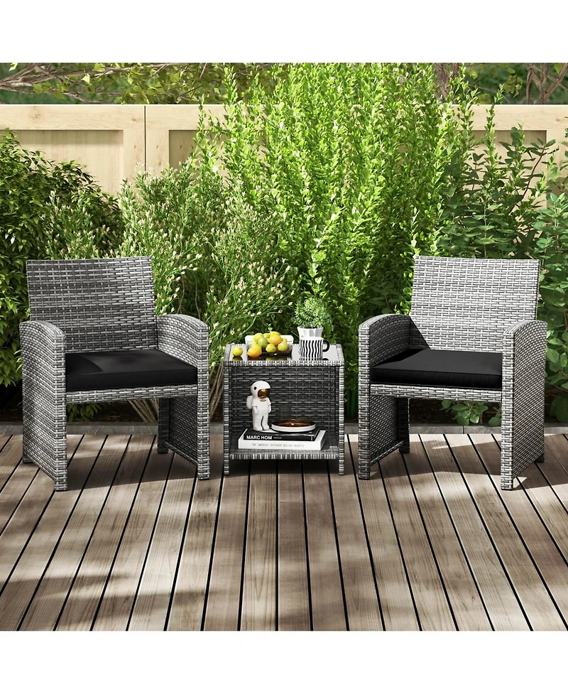 Costway 3 Pcs Patio Furniture Set with Tempered Glass Coffee Table & Soft Seat Cushions