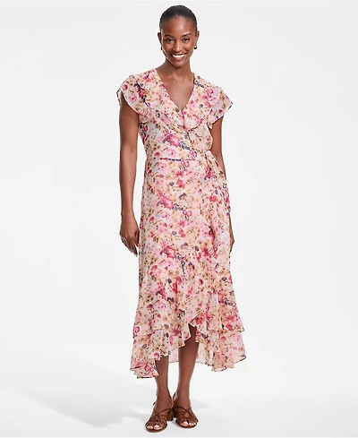 Lands' End Women's Chiffon Flutter Sleeve V-Neck Wrap Maxi Dress