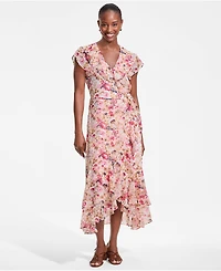 Lands' End Women's Chiffon Flutter Sleeve V-Neck Wrap Maxi Dress