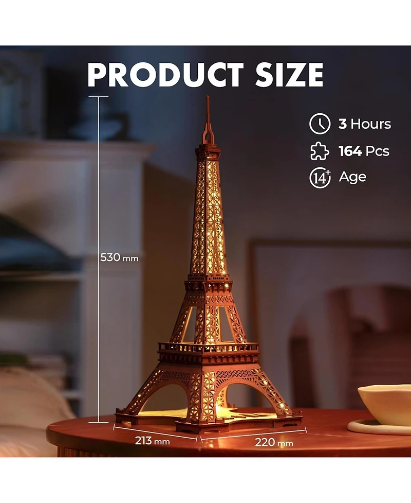 Robotime 3D Puzzle for Adults Diy Model Building Kit with Led Light Wooden Eiffel Tower Craft Kit Architecture Toy Set Brain Teaser Gifts for Friend