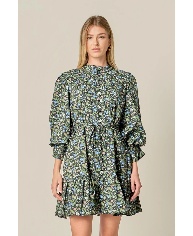 English Factory Women's Floral Print Pintuck Smock Mini Dress