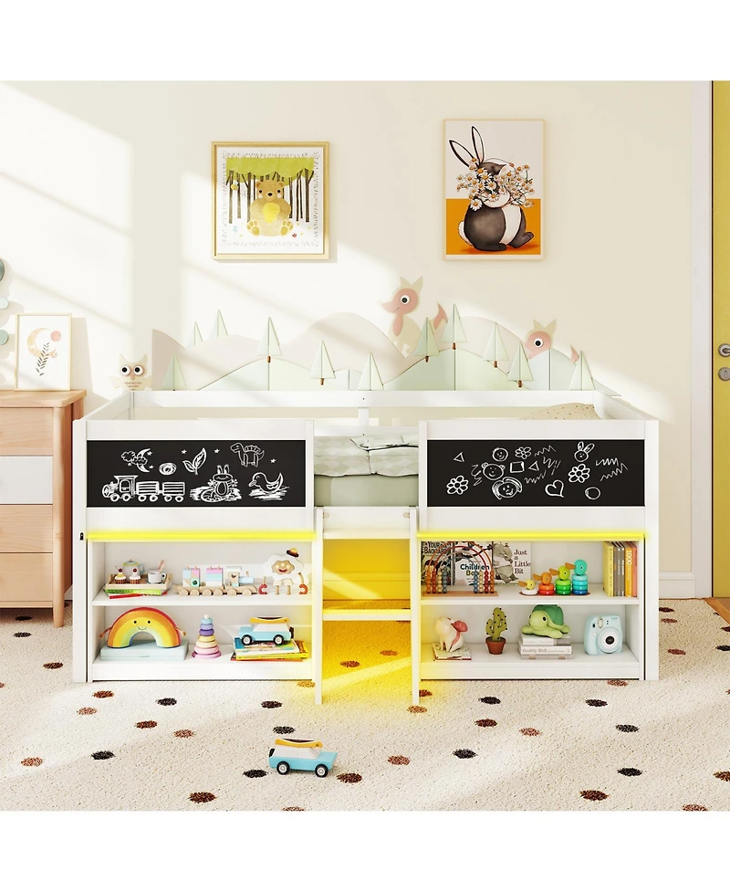 Slickblue Kids Low Loft Bed with Bookcases and Led Cabin Design