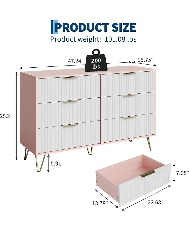 gaomon Fluted Dresser for Bedroom with 6 Drawers,47" Wide Modern Chest of Wooden Drawers with Metal Handle,Wide Clothes Storage Organizer