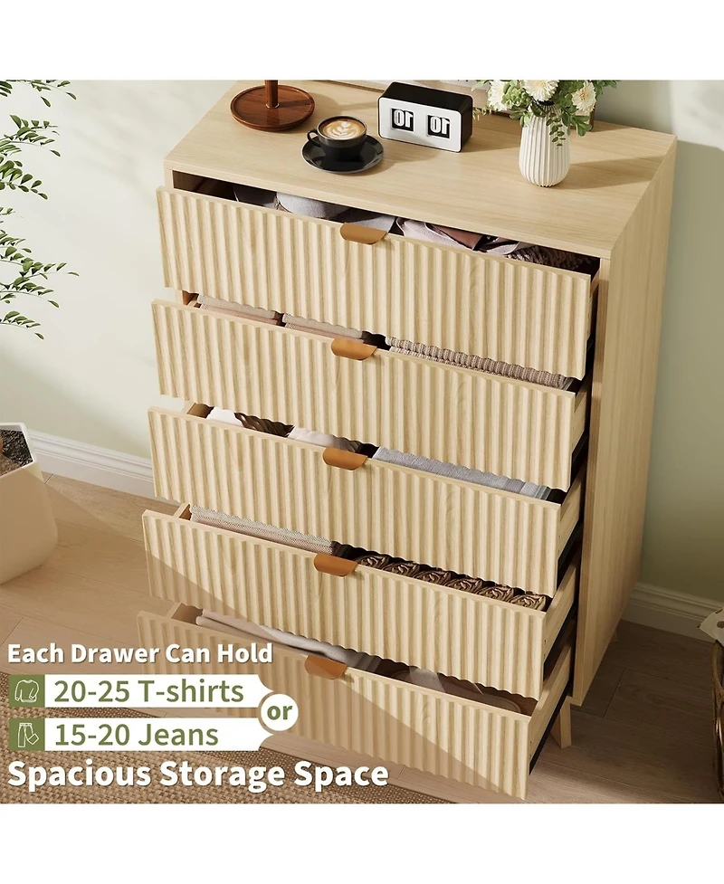 gaomon 5 Drawer Dressers, Modern Fluted Closet Dressers Chest of Drawers, Wood Storage Dresser Chest of Drawers for Bedroom Living Room Hallway