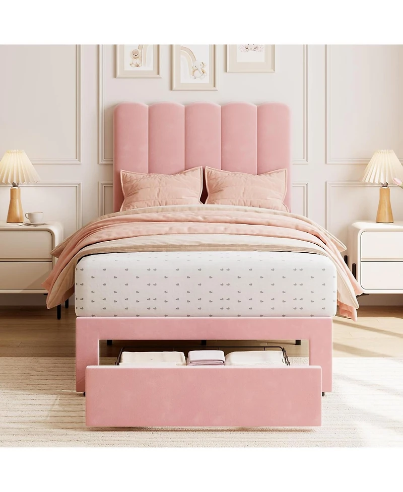 gaomon 2 Sets Twin Bed Frame with Under-Bed Drawer, Upholstered Platform Bed with Wave Headboard for Kids/Girls, Wooden Slats Support