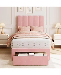 gaomon 2 Sets Twin Bed Frame with Under-Bed Drawer, Upholstered Platform Bed with Wave Headboard for Kids/Girls, Wooden Slats Support