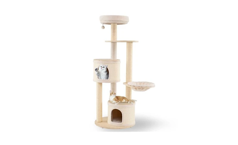 Aostirmotor Wood Cat Tree, 60-Inch Tall Multi-Level Tower with Sisal Scratching Posts & Condos, Sturdy Structure for Indoor Cats