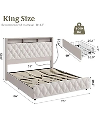 gaomon King Upholstered Platform Bed Frame with 4 Storage Drawers, Nailhead Trim Headboard, Led Lights & Charging Station
