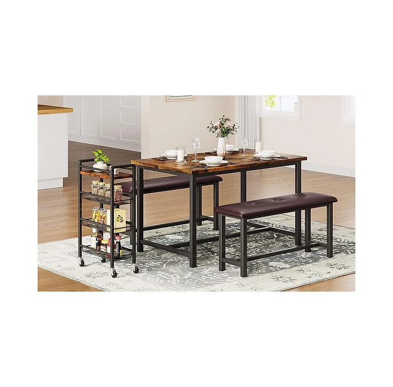 gaomon 3 Piece Dining Table Set Kitchen Table and Benches for 4 Rectangular Dining Room Table Set with 2 Upholstered Benches