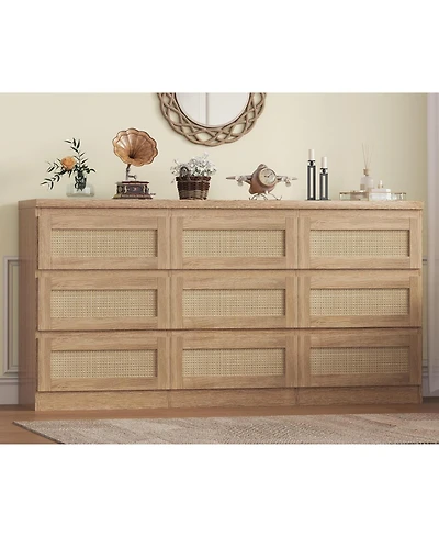 Gamon 9 Drawer Natural Farmhouse Rattan Dresser with Charging Station, Sturdy Wooden Storage Organizer for Bedroom Closet Entryway