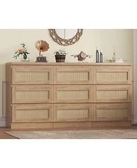 Gamon 9 Drawer Natural Farmhouse Rattan Dresser with Charging Station, Sturdy Wooden Storage Organizer for Bedroom Closet Entryway
