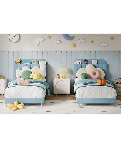 gaomon 2PCS Twin Bed Frames, Upholstered Platform with Bookcase Headboard, Velvet Platform Bed Mattress Foundation, Heavy Duty Steel Support Legs