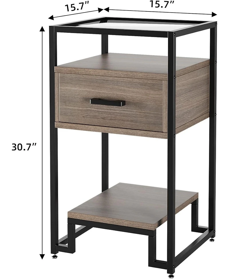 gaomon Nightstand, Mid Century Modern End Table with Storage Drawer and 3-Tier Storage & Tempered Glass Top, Bedside Furniture with Steel Frame