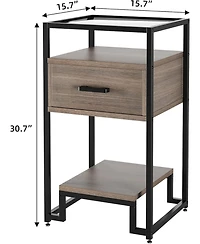 gaomon Nightstand, Mid Century Modern End Table with Storage Drawer and 3-Tier Storage & Tempered Glass Top, Bedside Furniture with Steel Frame