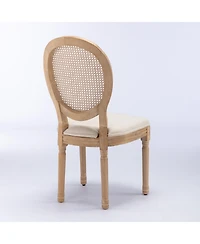 sumyeg French Style Solid Wood Frame Dining Chair with Linen Fabric and Rattan Back Set of 2