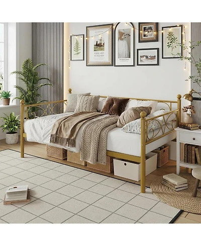 gaomon Modern Space-Saving Twin Size Metal Daybed Frame, Heavy Duty Steel Slats, Floral Headboard Sofa Bed for Living Room, Bedroom, Guest Room