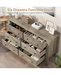 gaomon Grey 6 Drawer Dresser for Bedroom, Modern Wide Dresser Organizer with Storage Drawers, Wooden Chests of Drawers