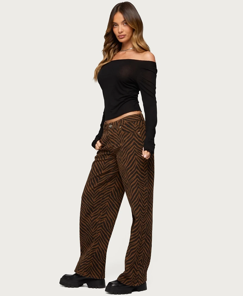 Edikted Women's Zebra Print Low Rise Baggy Jeans