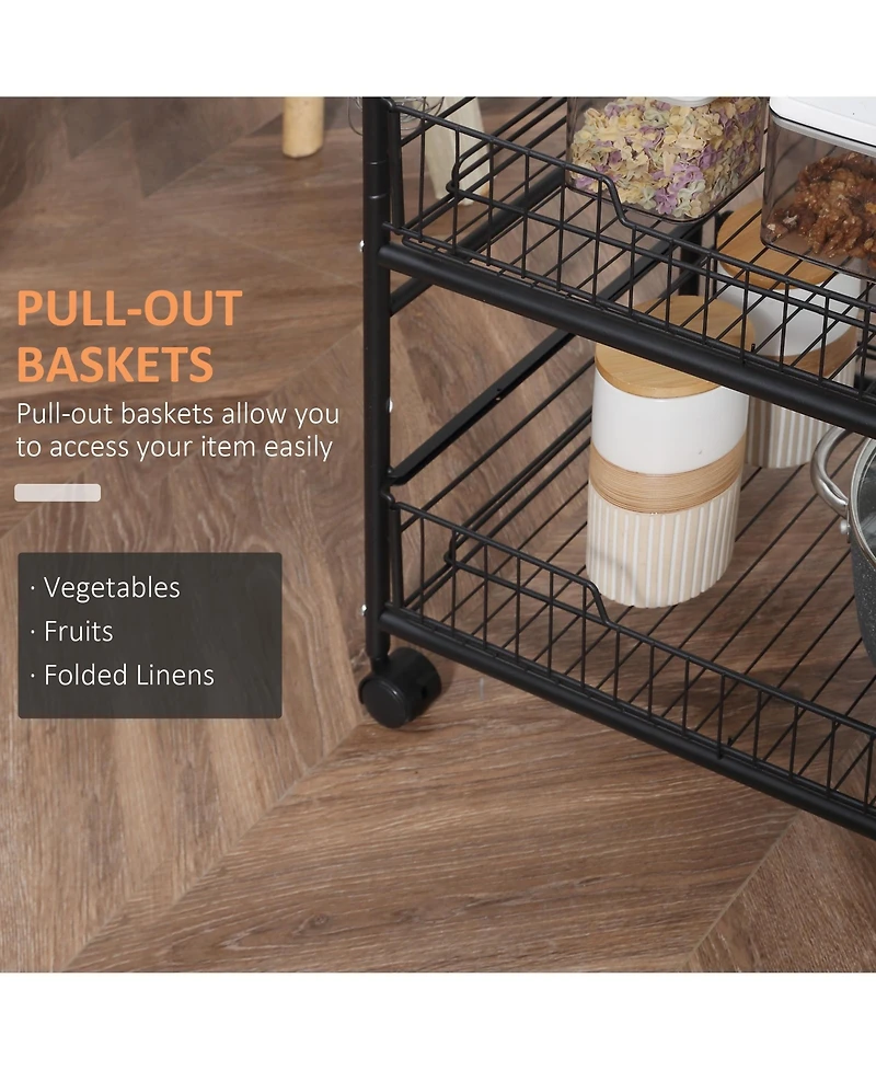 Homcom 24" 3-Level Kitchen Cart Utility Organizer w/ 2 Storage Shelves, Wheels