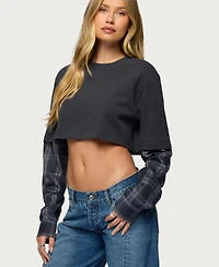 Edikted Women's Plaid Sleeves Layered Crop Top