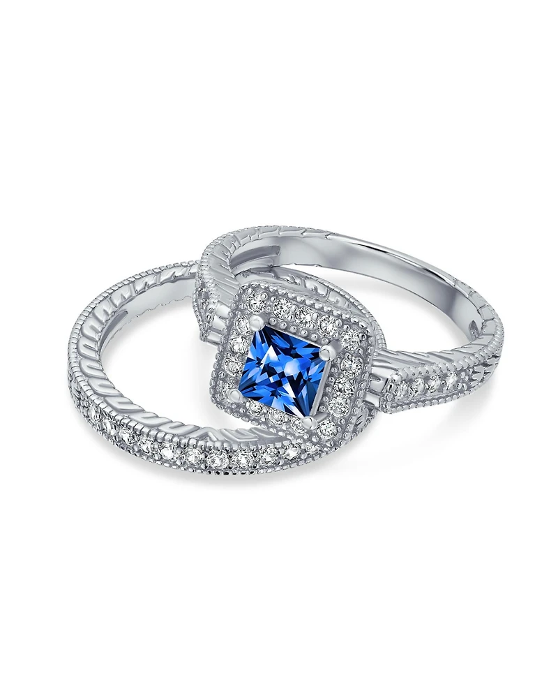 Draft - Bling Jewelry Art Deco Style Cubic Zirconia Halo Cz Square Princess Cut Solitaire Ring Set with Band Sterling Silver