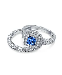 Draft - Bling Jewelry Art Deco Style Cubic Zirconia Halo Cz Square Princess Cut Solitaire Ring Set with Band Sterling Silver