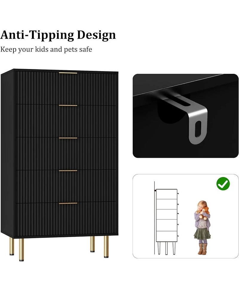 gaomon Dresser for Bedroom Chest of Drawers, Modern Wooden Wide Fluted with Drawers Metal Handles Living Room