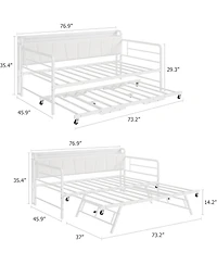 gaomon Daybed with Trundle and Led Light, Sturdy Metal Twin Size Bed Frame with Linen Upholstered Headboard and Charging Station, for Living Room