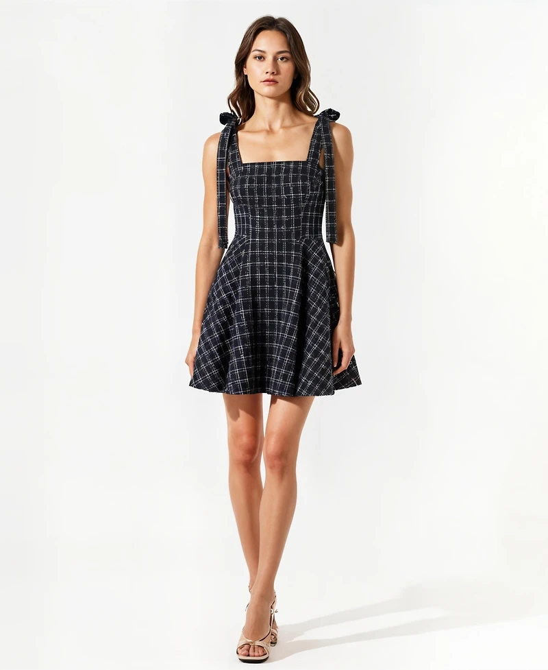Modenaire Women's Tweed Plaid Tie-Strap Square Neck Mini Dress