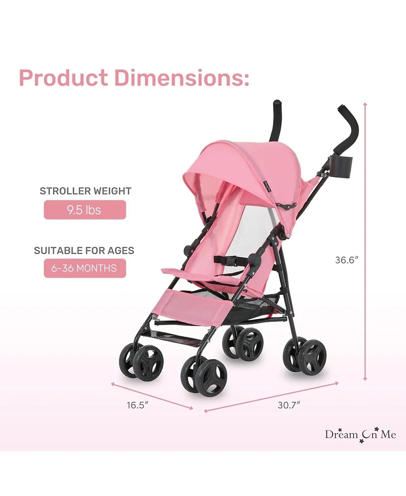 Dream On Me Toddler Rover Stroller: Lightweight, compact travel umbrella stroller. One-hand fold, lockable rear wheels, adjustable canopy, & 3-point h
