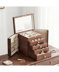 Yigii Luxury Walnut Jewelry Organizer with Mirror and Lock