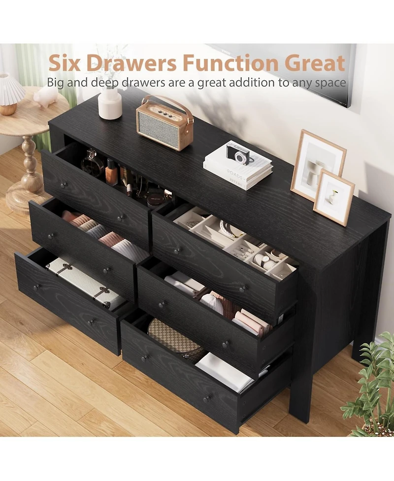 gaomon Modern 6 Drawer Wide Dresser Organizer for Bedroom, Wooden Storage Chest for Home and Entryway