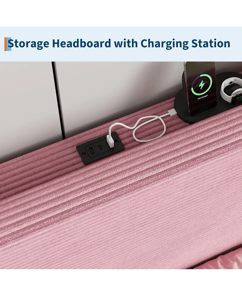 gaomon Twin Bed Frame with Charging Station, Corduroy Upholstered Platform Bed Frame with Headboard and Storage Shelf, Solid Wood Slats