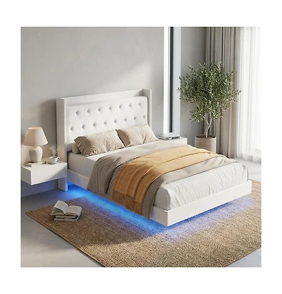 gaomon Full Led Bed Frame with Storage Shelves, Modern Upholstered Headboard, Heavy Duty Metal Slats, No Box Spring Needed