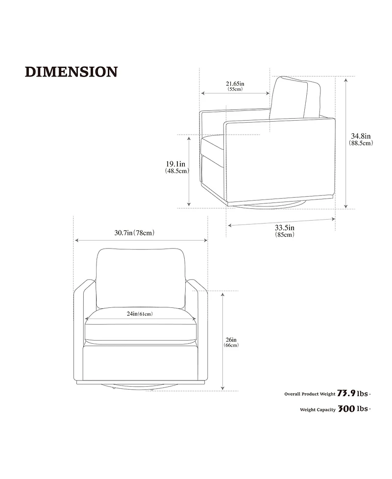Clihome Square Swivel Accent Chair, Chenille Upholstered Leisure 360° Rotation Comfy Armchair