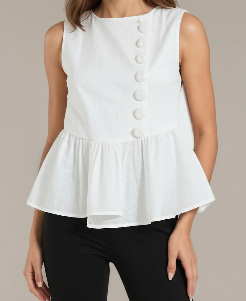 Modenaire Women's Sleeveless Peplum Top with Asymmetric Buttons