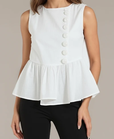 Modenaire Women's Sleeveless Peplum Top with Asymmetric Buttons