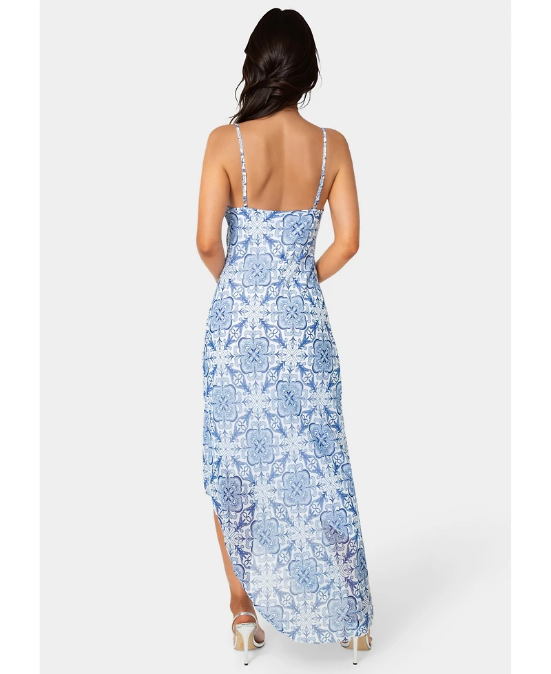 Bebe Women's Printed Chiffon Cowl Assy Maxi Dress