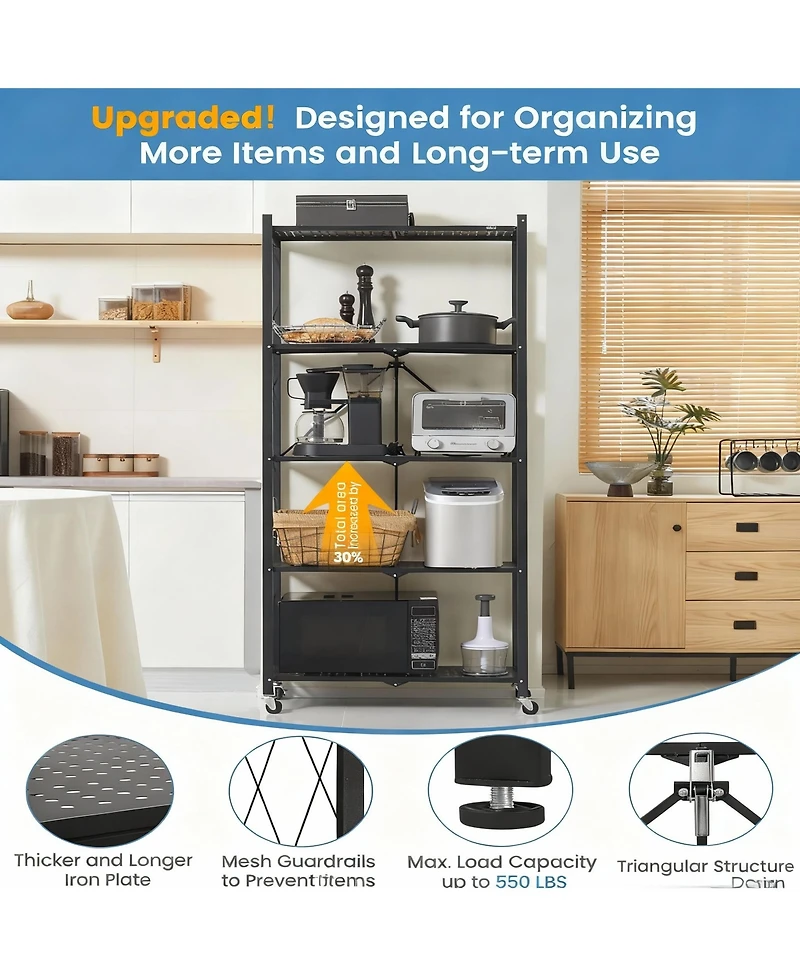 Yigii 5-Tier Folding Metal Shelf, No Tools, 2 Modes, Heavy Duty