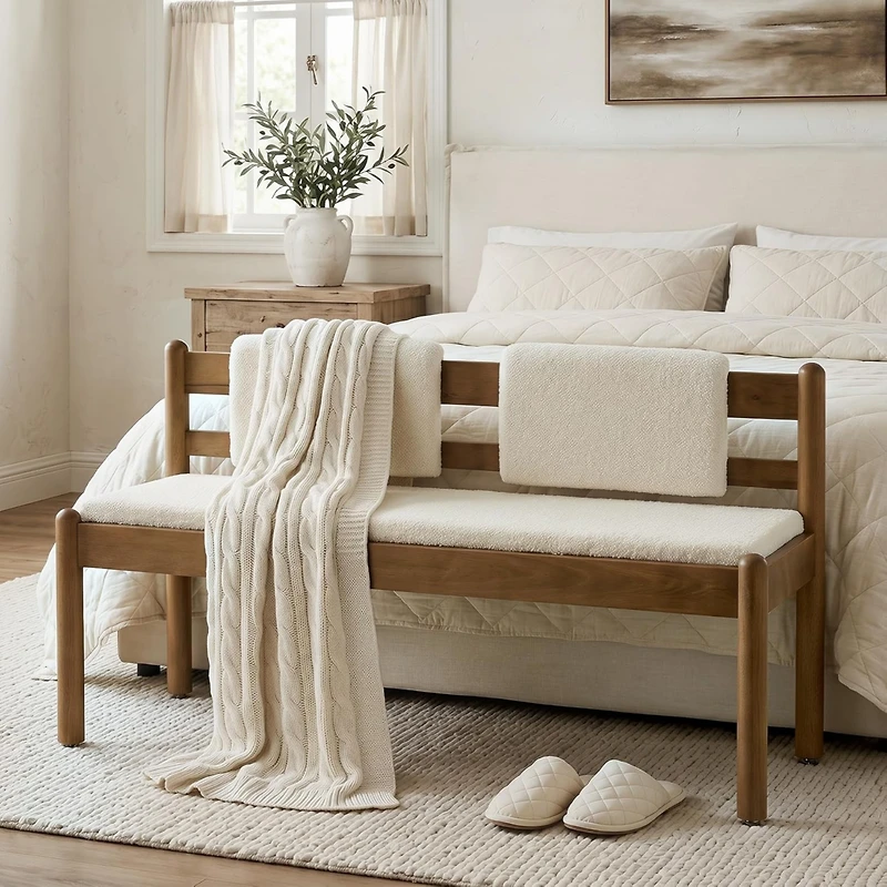 Tribesigns Solid Wood Entryway Bench, 49" Dining Bench with Back, Wood Settee Bench with Upholstered Seat, Farmhouse Bedroom Bench